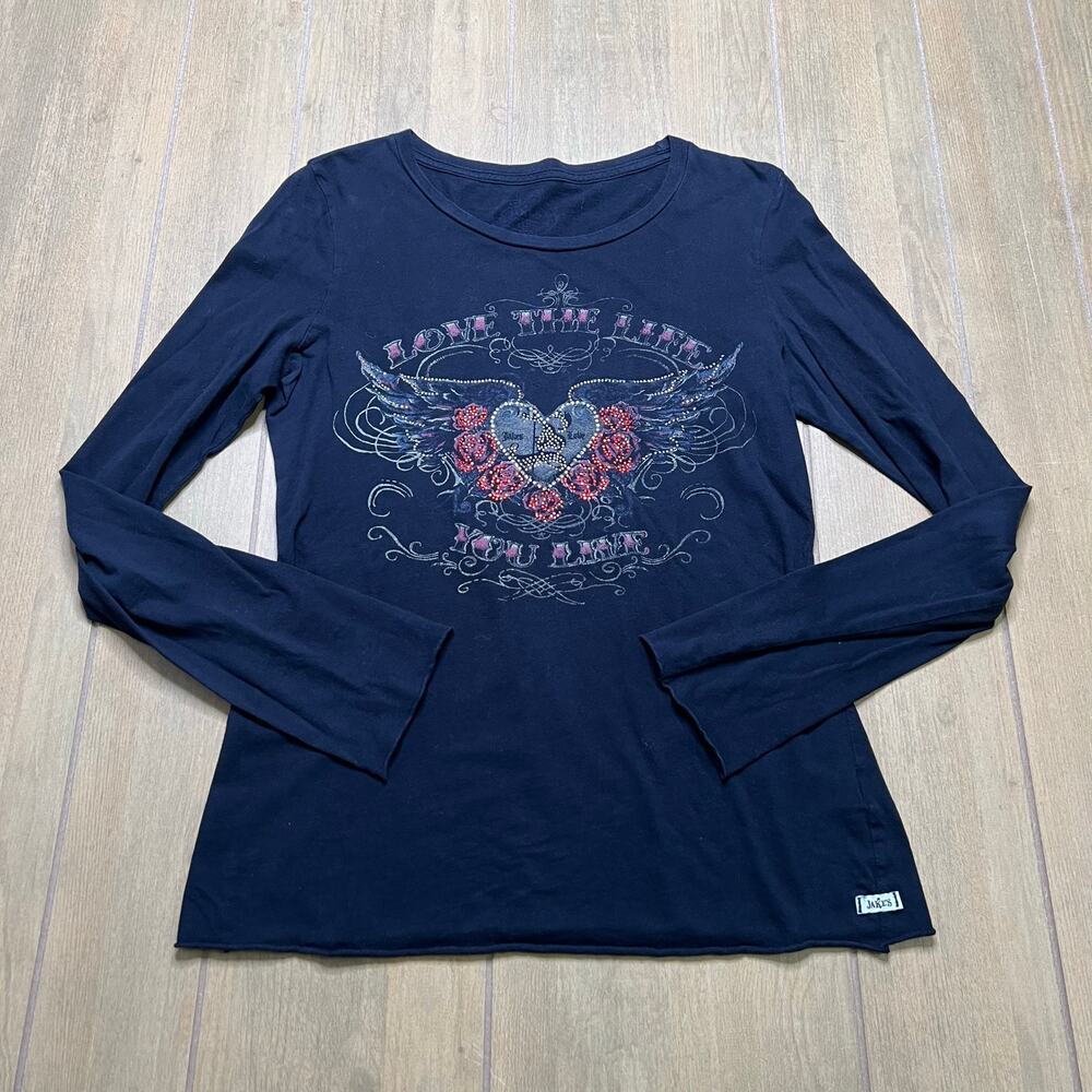 Vintage Jake's Rhinestone Love Ribbed Grey Long Sleeve Women Sz Large Y2K  2000s